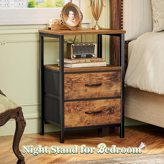 Huuger Night Stand with 2 Drawers, Bed Side Table with Open Shelf, Wooden Top - Image 4