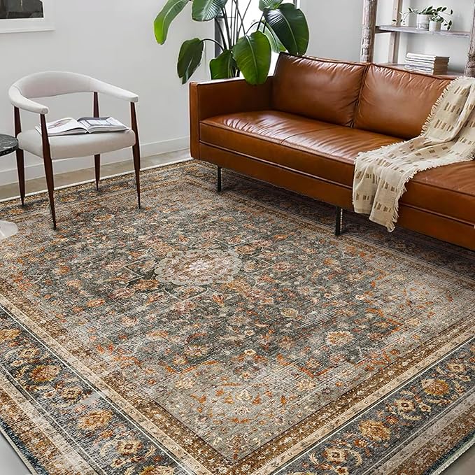 Washable Area Rug 9'x12' Retro Boho Design Non-Shedding Easy Care Ideal by CHAMPLANT