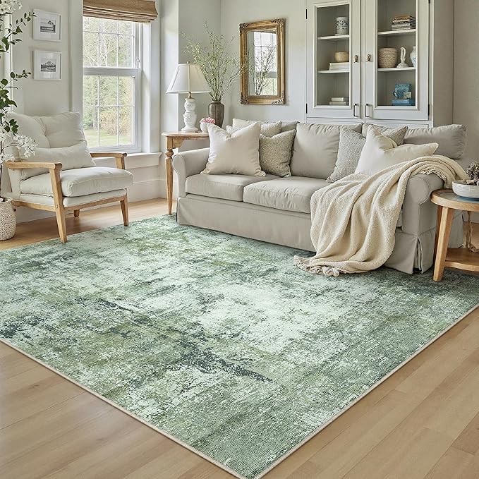 5x7 Washable Area Rug Dark Green Modern Neutral Abstract Living Room Bedroom by WondRg