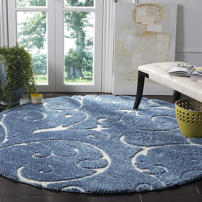SAFAVIEH Florida Shag Collection 5' Round Light Blue/Cream SG455 Scrolling Vine by SAFAVIEH