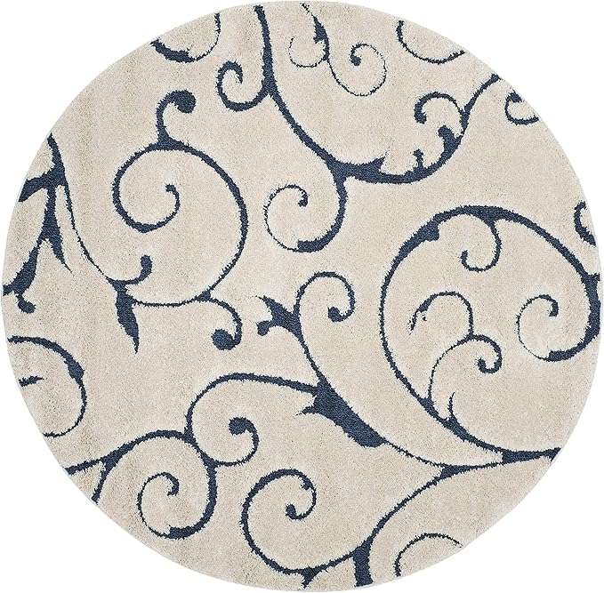 SAFAVIEH Florida Shag Collection 9' Round Cream/Blue SG455 Scrolling Vine - Image 3