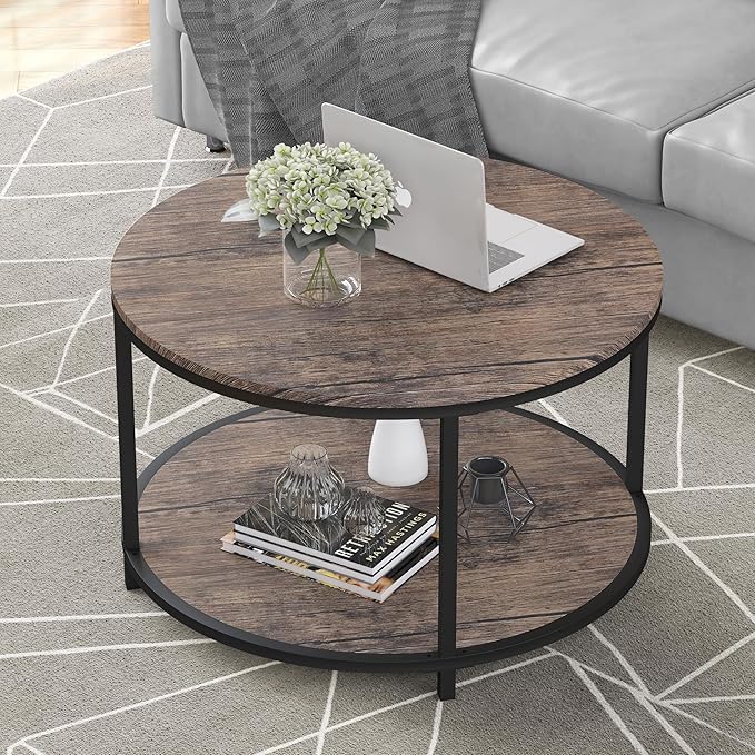 Round Coffee Table, Rustic Wooden Surface Top & Sturdy Metal Legs Industrial - Image 7