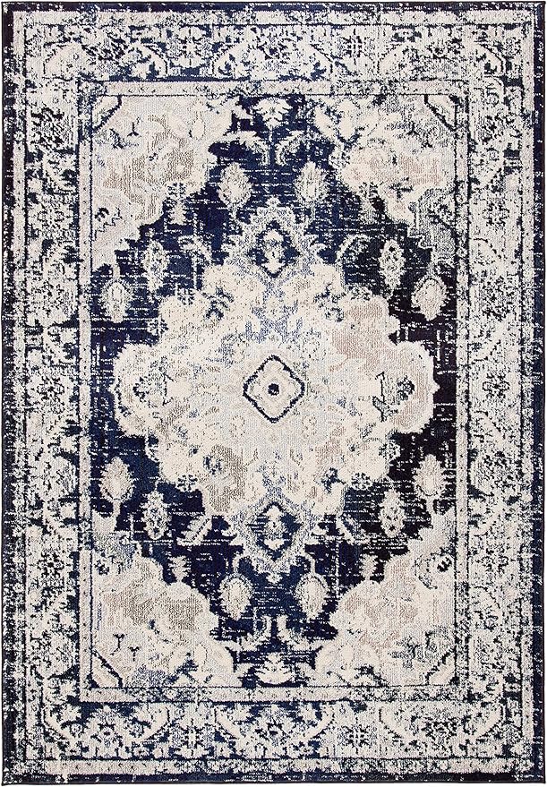 SAFAVIEH Monaco Collection 6'7" x 9'2" IvoryNavy MNC243C Boho Chic Medallion - Image 3