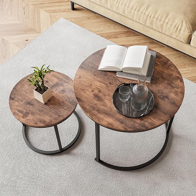Round Coffee Table Set of 2 for Living Room, Nesting Tables Metal Frame/Wood - Image 7