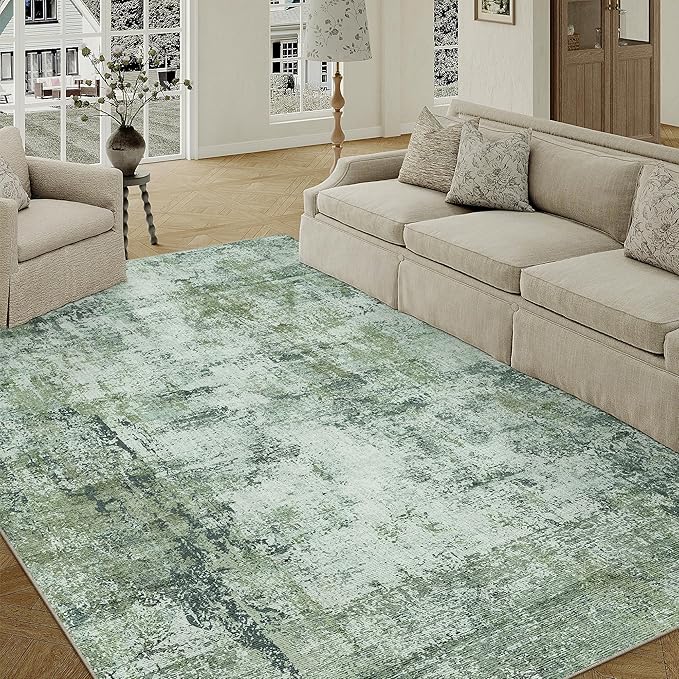6x9 Washable Area Rug Dark Green Modern Neutral Abstract Living Room Bedroom - Image 5