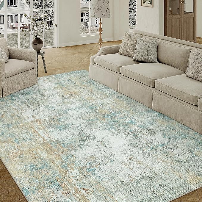 6x9 Washable Area Rug Teal Beige Modern Neutral Abstract Living Room Bedroom - Image 5