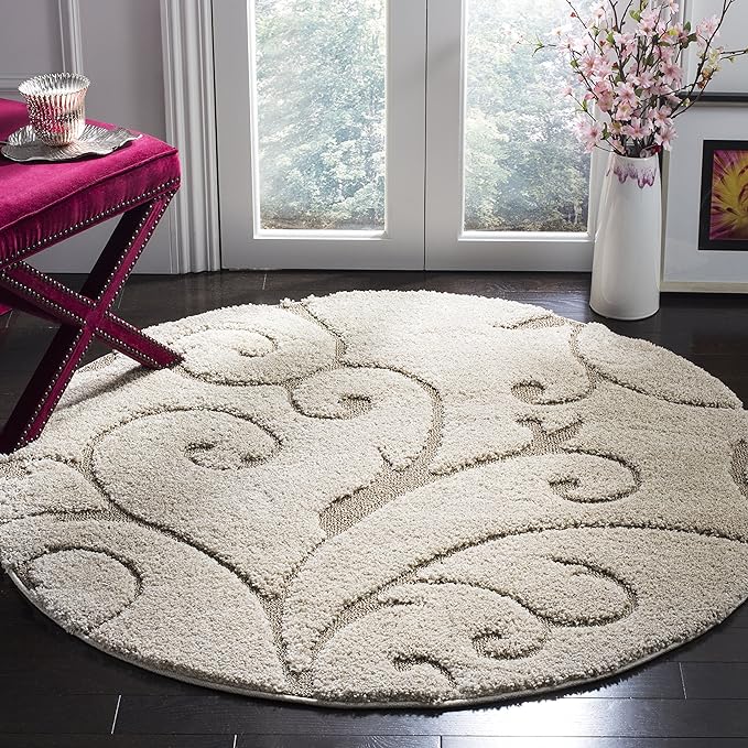SAFAVIEH Florida Shag Collection 11' Round Cream/Beige SG455 Scrolling Vine by SAFAVIEH