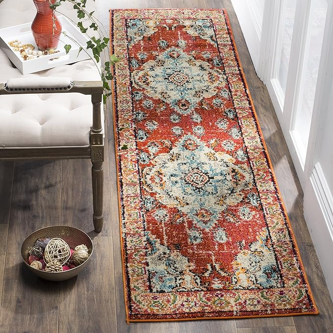 SAFAVIEH Monaco Collection 2'2" x 6' Orange Light Blue MNC243H Boho Chic by SAFAVIEH