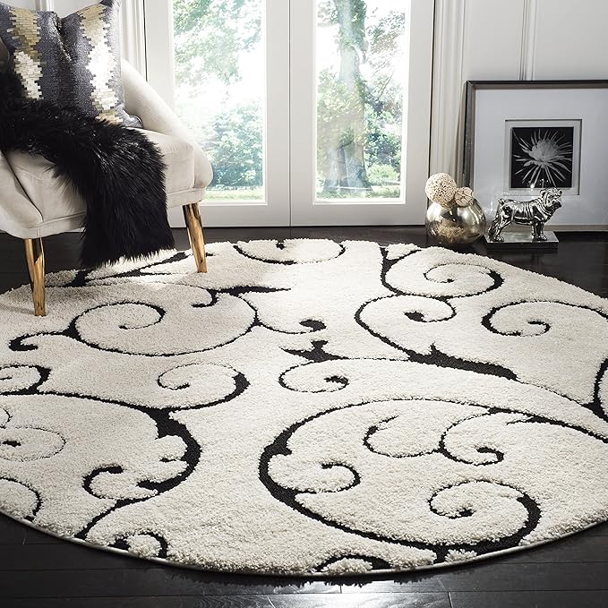 SAFAVIEH Florida Shag Collection 10' Round Ivory / Black SG455 Scrolling Vine by SAFAVIEH